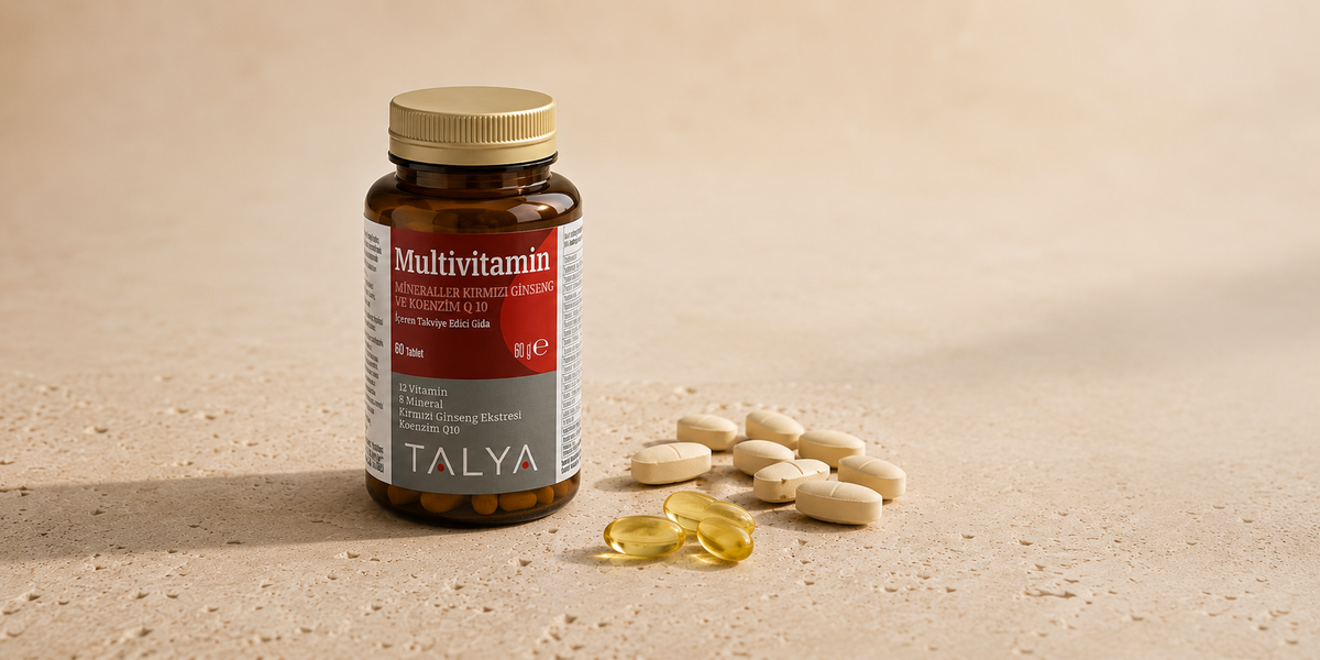 A bottle of TALYA Multivitamin softgels with a gold cap, standing on a beige textured surface next to several beige tablets and two translucent yellow softgel capsules.